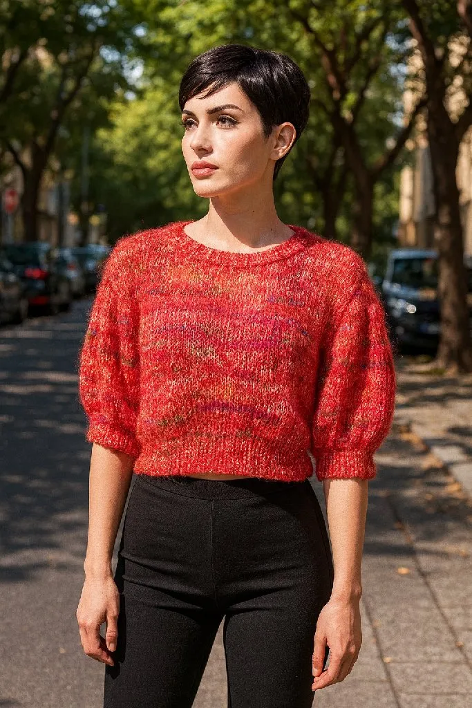 Kırmızı Simli Angora Balon Kollu Crop Top - El Örgüsü