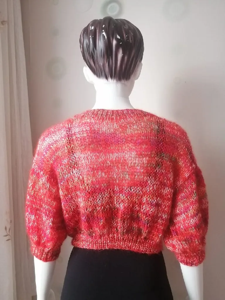Kırmızı Simli Angora Balon Kollu Crop Top - El Örgüsü