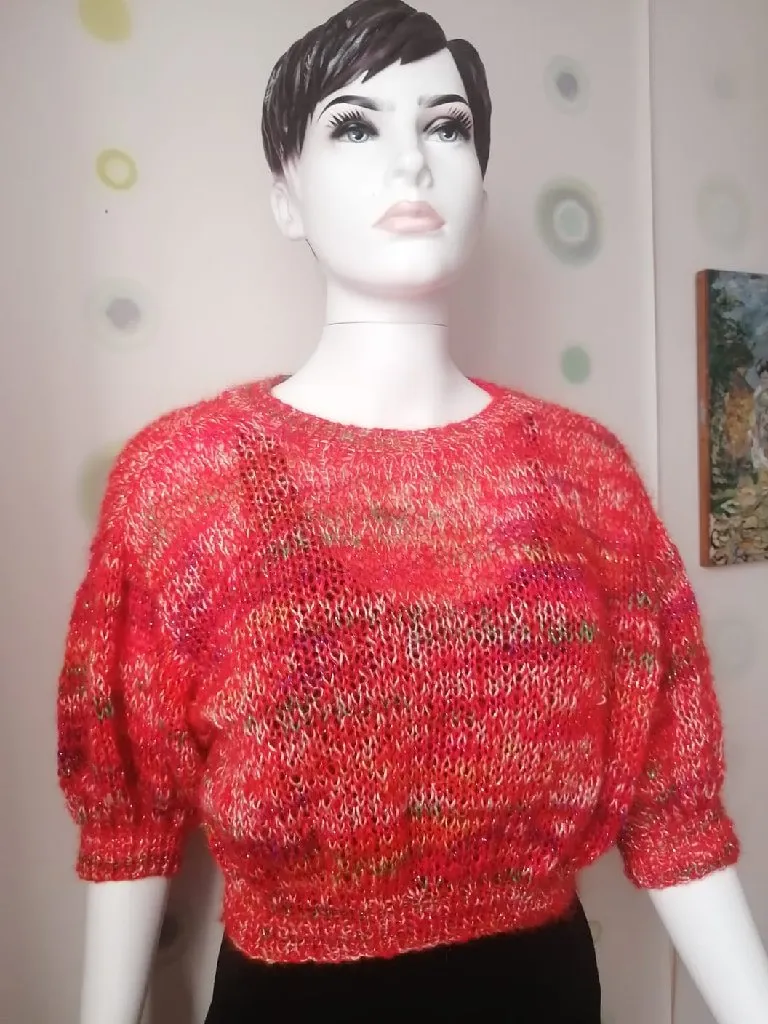 Kırmızı Simli Angora Balon Kollu Crop Top - El Örgüsü