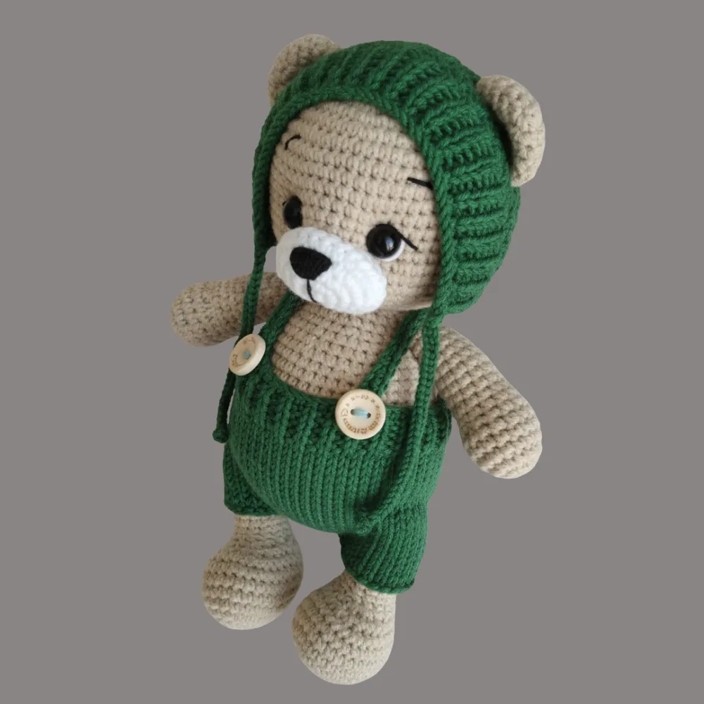 Amigurumi Oyuncak Ayıcık - Mavi Tulumlu, Kapüşonlu Bere - El Örgüsü