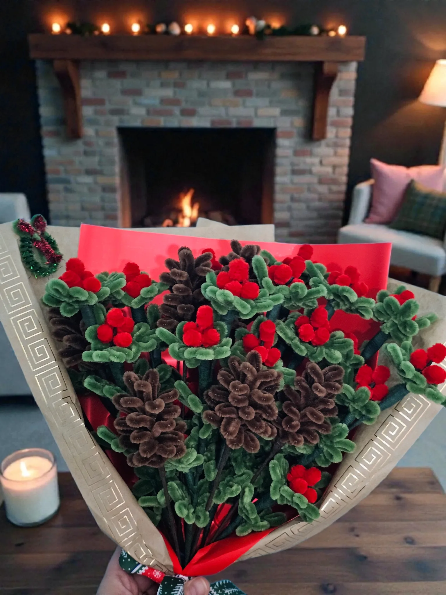 Şönil Kokina ve Kozalak Buketi - El Emeği Yılbaşı Dekorasyonu