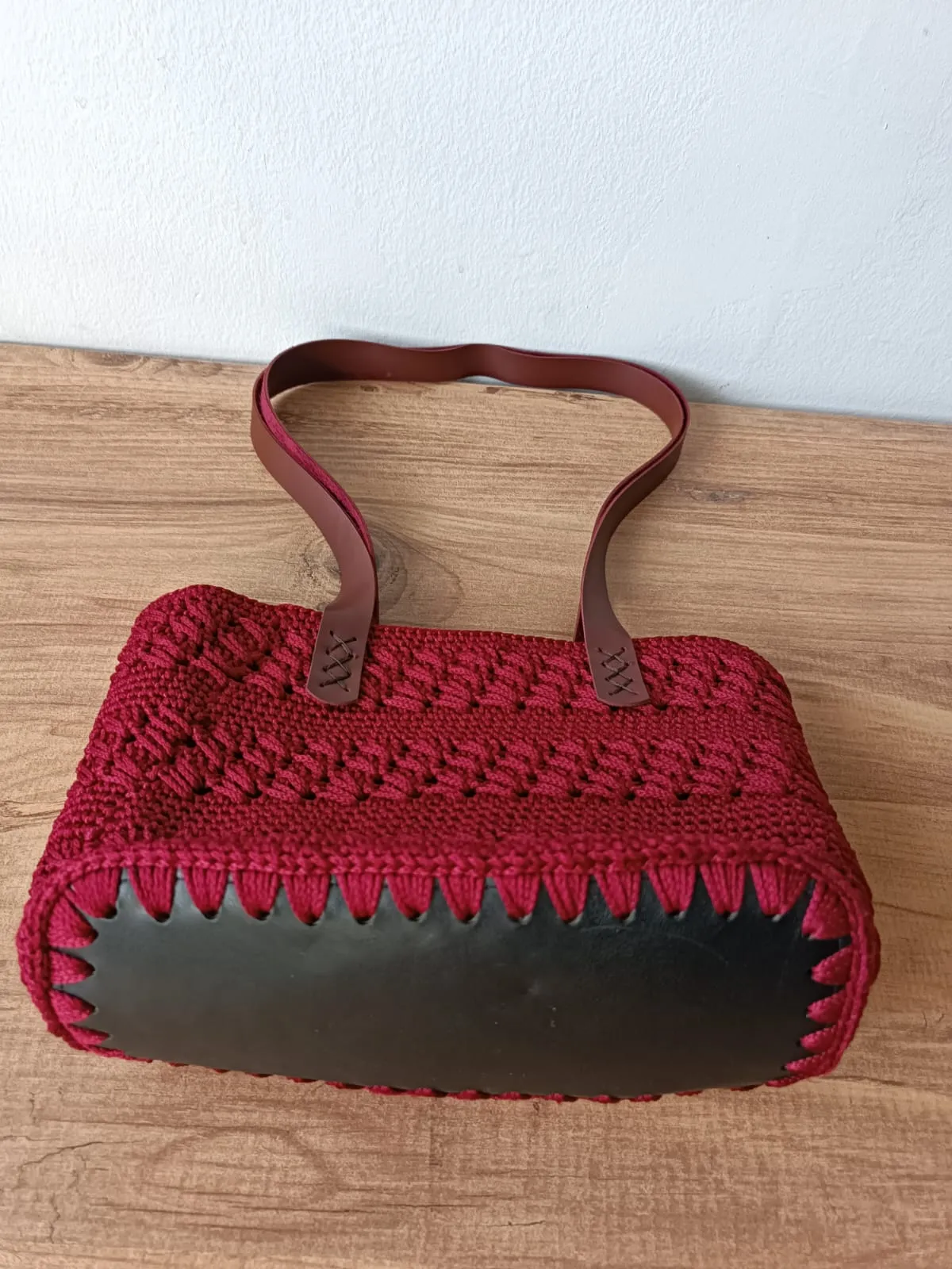 Polyester İp Bordo Renk Deri Detaylı Astarlı Bayan Örgü Çanta