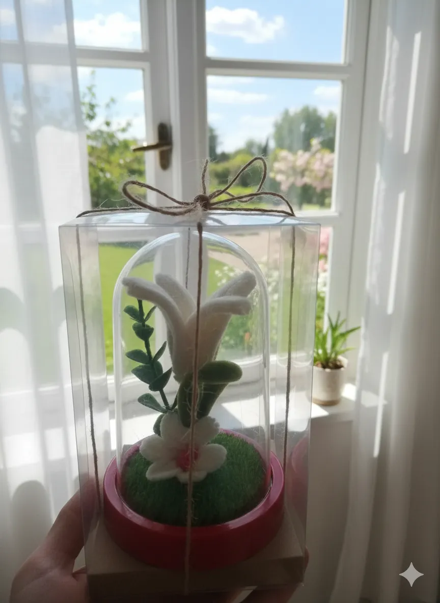 Şönil Beyaz Çiçek Cam Fanus - El Yapımı Dekoratif Obje