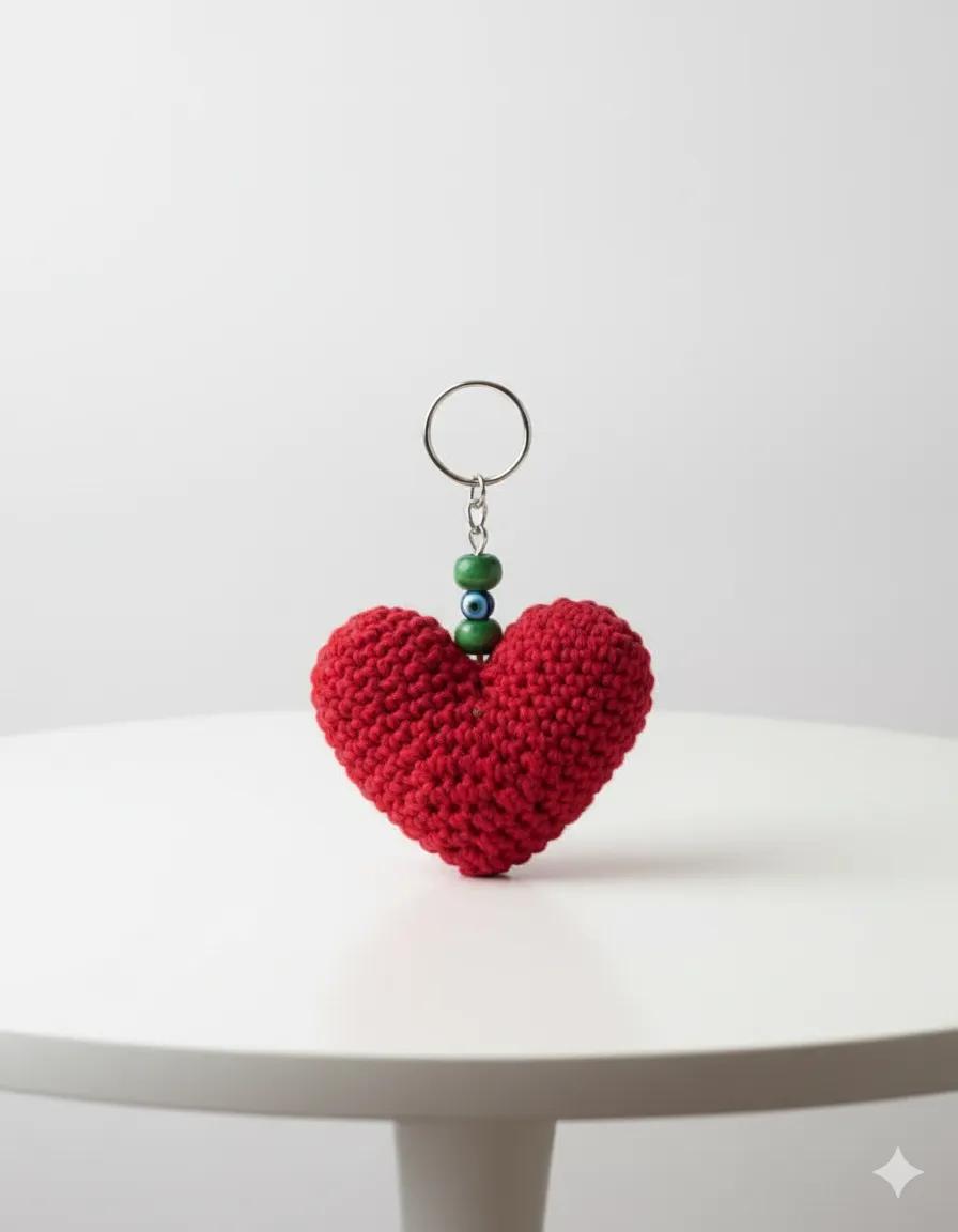 Örgü Kırmızı Kalp Anahtarlık - Nazar Boncuklu, El Emeği