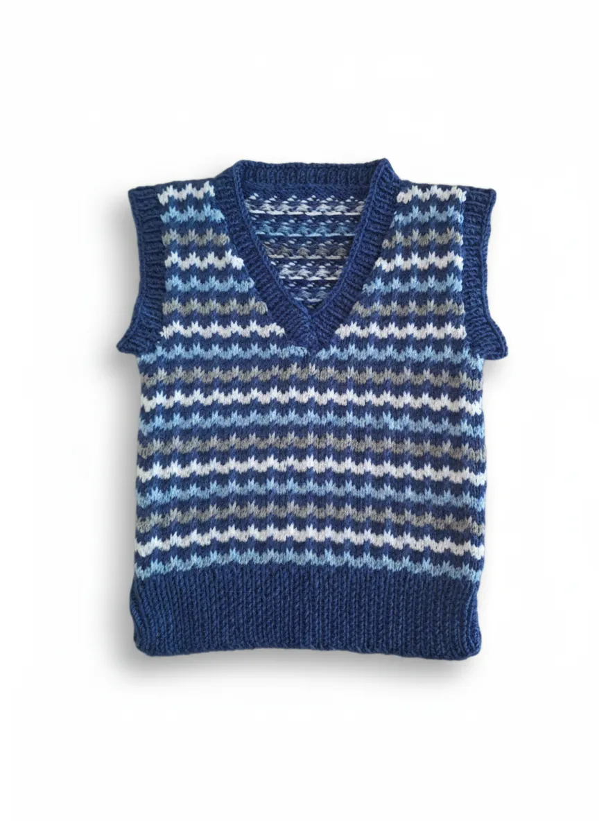 Erkek Bebek Örgü Süveter - 1-2 Yaş, Mavi Desenli, El Örmesi