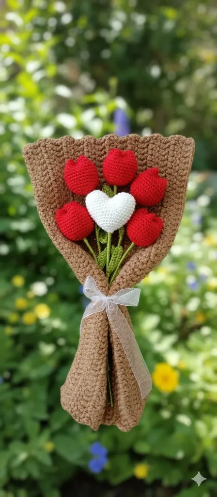 Örgü Kalpli Lale Buketi - Kırmızı ve Beyaz Renkli - El Yapımı Hediye