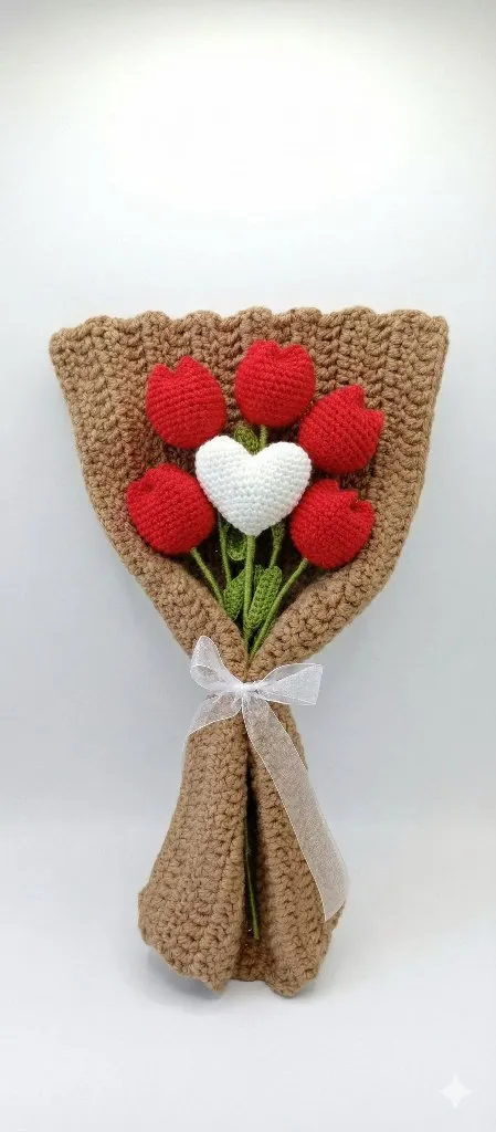 Örgü Kalpli Lale Buketi - Kırmızı ve Beyaz Renkli - El Yapımı Hediye