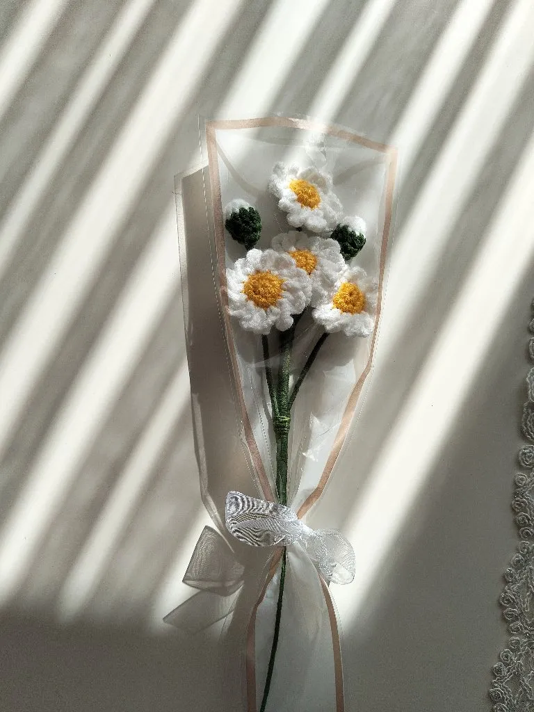 Örgü Papatya Buketi - Pamuk İpliği ile El Emeği Dekoratif Çiçek