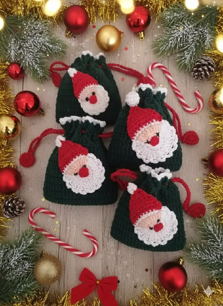 Yeşil Noel Baba Desenli Örgü Kese - Yılbaşı Temalı Hediyelik