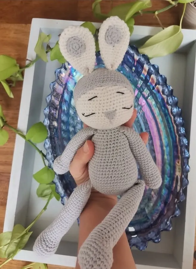 Gri Renkli Örgü Uykucu Tavşan Oyuncak Bebek - 30 cm - El Emeği
