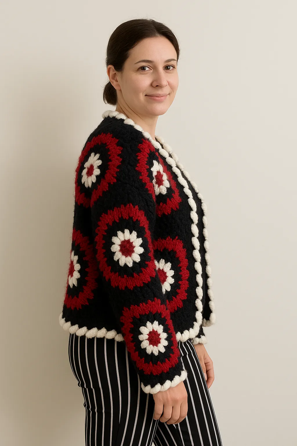 Kırmızı Desenli Örgü Hırka - Mevsimlik Çeket, 42 Beden