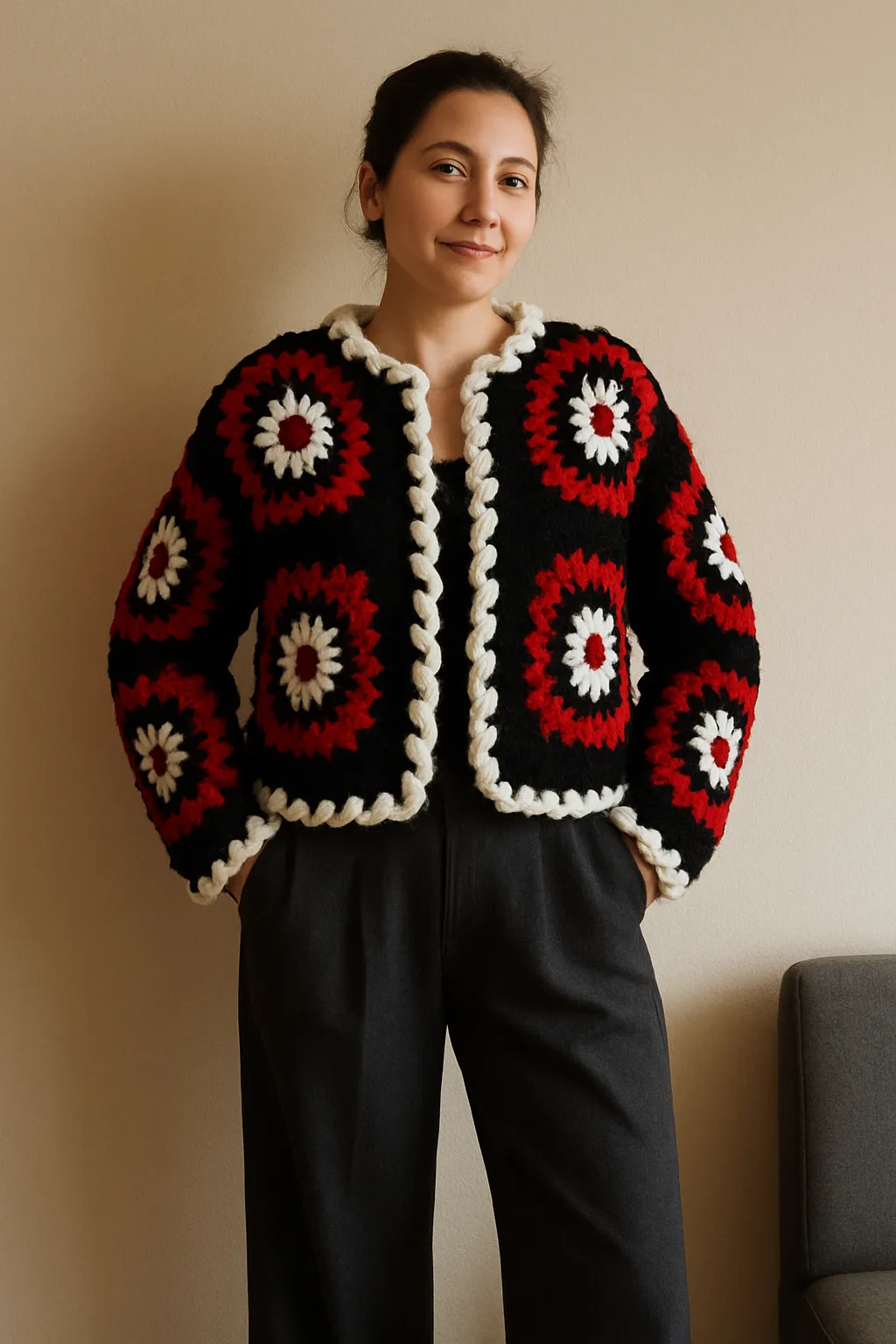 Kırmızı Desenli Örgü Hırka - Mevsimlik Çeket, 42 Beden