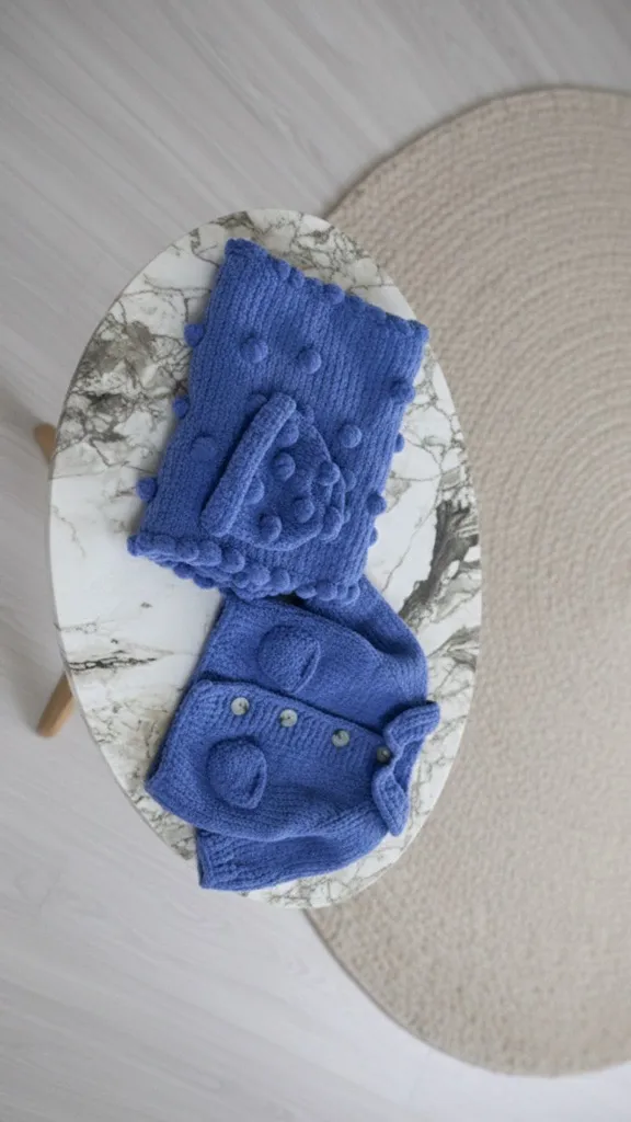 Mavi Popcorn Örgü Bebek Hırka Bere Battaniye Seti - El Emeği