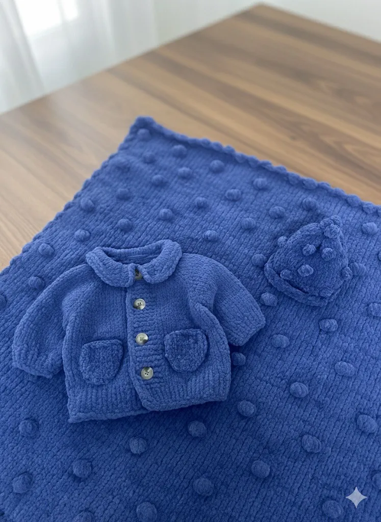 Mavi Popcorn Örgü Bebek Hırka Bere Battaniye Seti - El Emeği