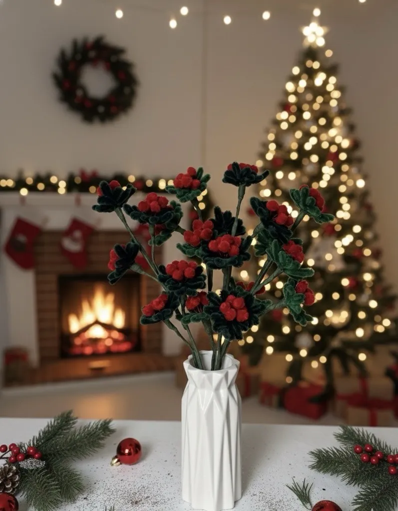 Şönil Kokina Yılbaşı Buketi - Beyaz Vazoda 4 Dal Kırmızı Yeşil Dekor