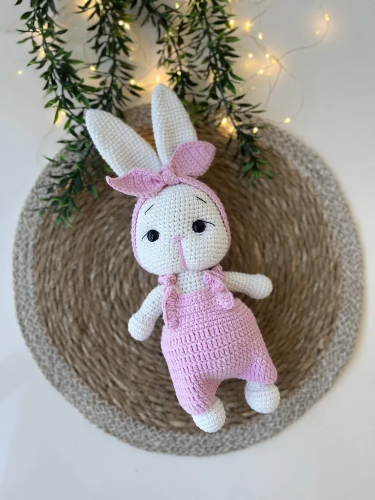 Pembe Tulumlu Amigurumi Oyuncak Tavşan - Pamuk İple El Emeği