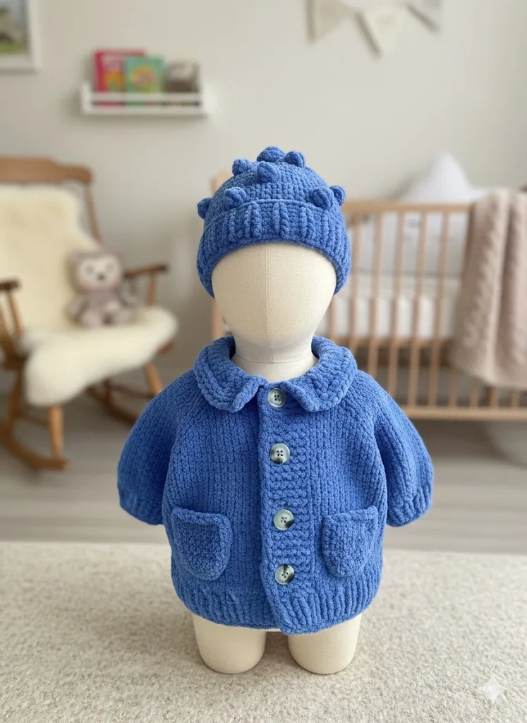 Mavi Popcorn Örgü Bebek Hırka Bere Battaniye Seti - El Emeği