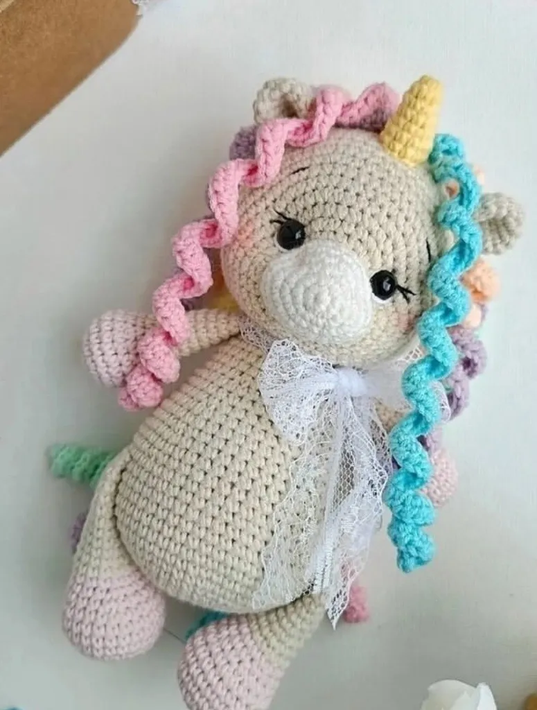23 cm Krem Renkli Örgü Ünicorn Amigurumi Oyuncak - El Emeği