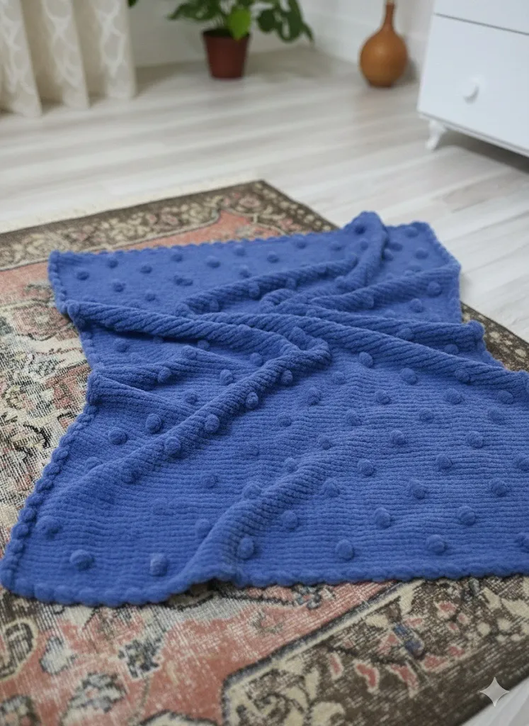 Mavi Popcorn Örgü Bebek Hırka Bere Battaniye Seti - El Emeği