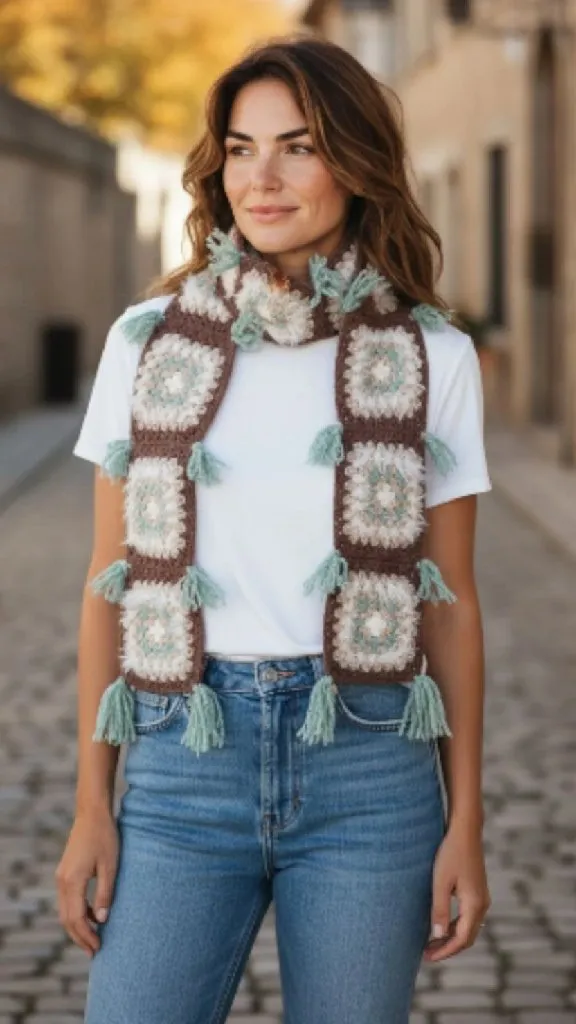 Kahverengi ve Yeşil Motifli Örgü Atkı - Moher İpliğiyle El Emeği