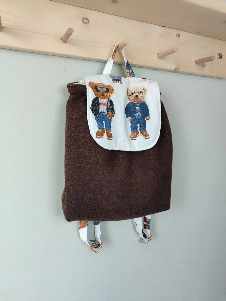 Kahverengi Teddy Desenli Çocuk Kreş Sırt Çantası - Kaşe Kumaş