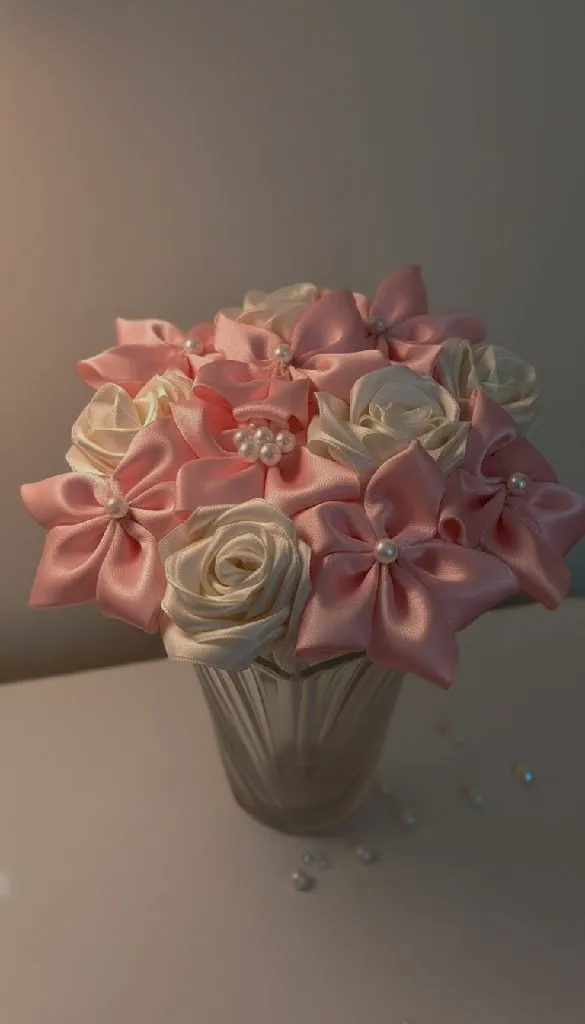 Pembe ve Krem Rengi Kurdele Çiçek Buketi - El Yapımı