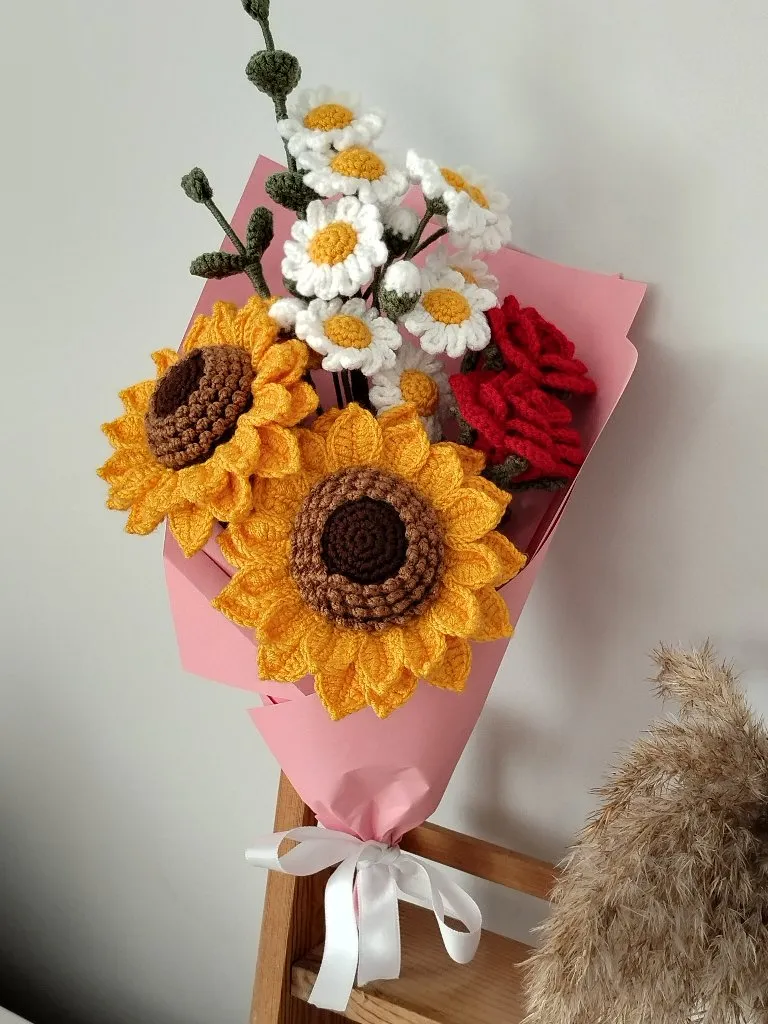 Örme Çiçek Buketi - Solmayan Karışık Buket - Pamuk İpliği El Emeği