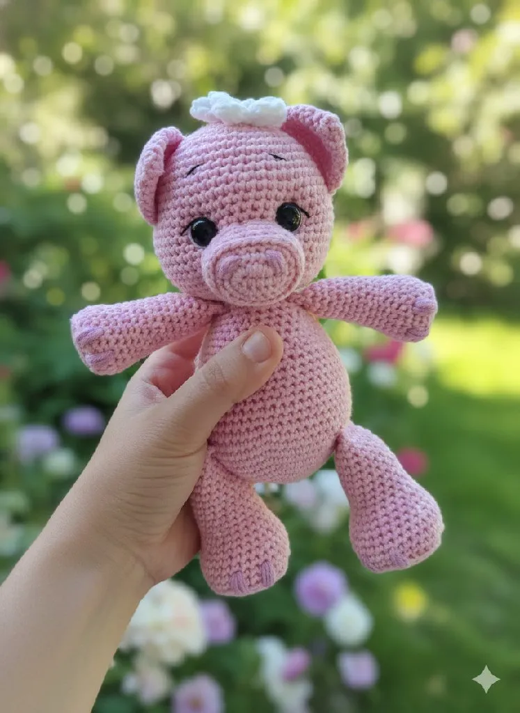 Pembe Örgü Oyuncak Domuzcuk - 25 cm Pamuk İplikten El Yapımı