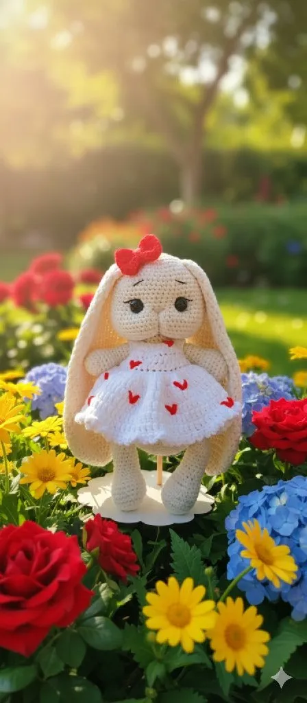 Beyaz Elbiseli, Uzun Kulaklı Örgü Tavşan Oyuncak Bebek 25 cm