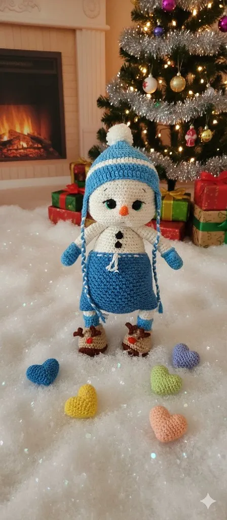 Mavi Şapkalı Amigurumi Kardan Adam - 25 cm Yılbaşı Hediyesi