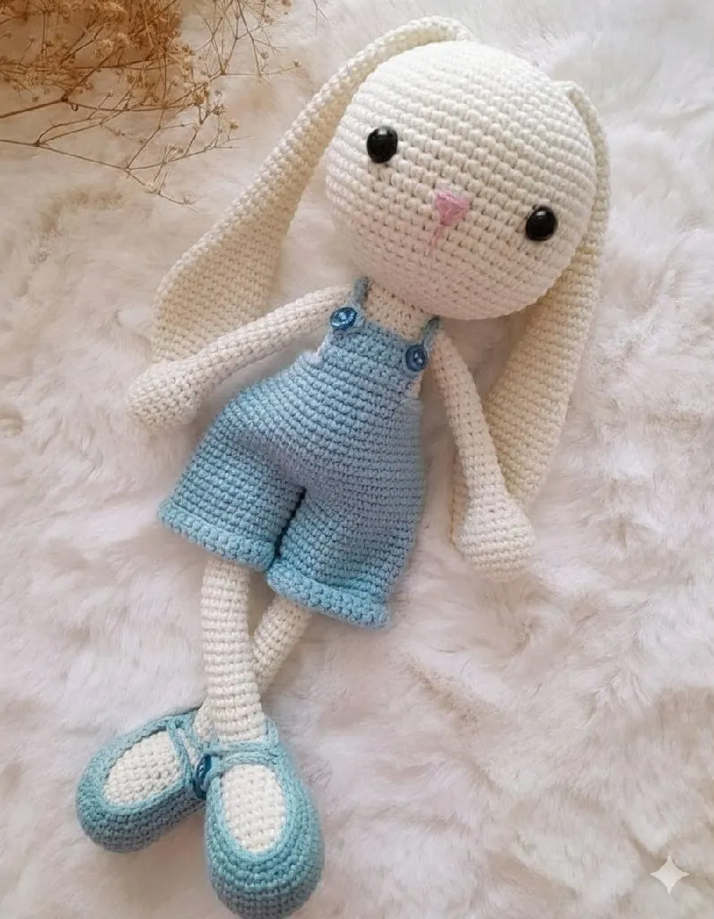 Örgü Oyuncak Tavşan - Mavi Tulumlu, Uzun Kulaklı, 25 cm