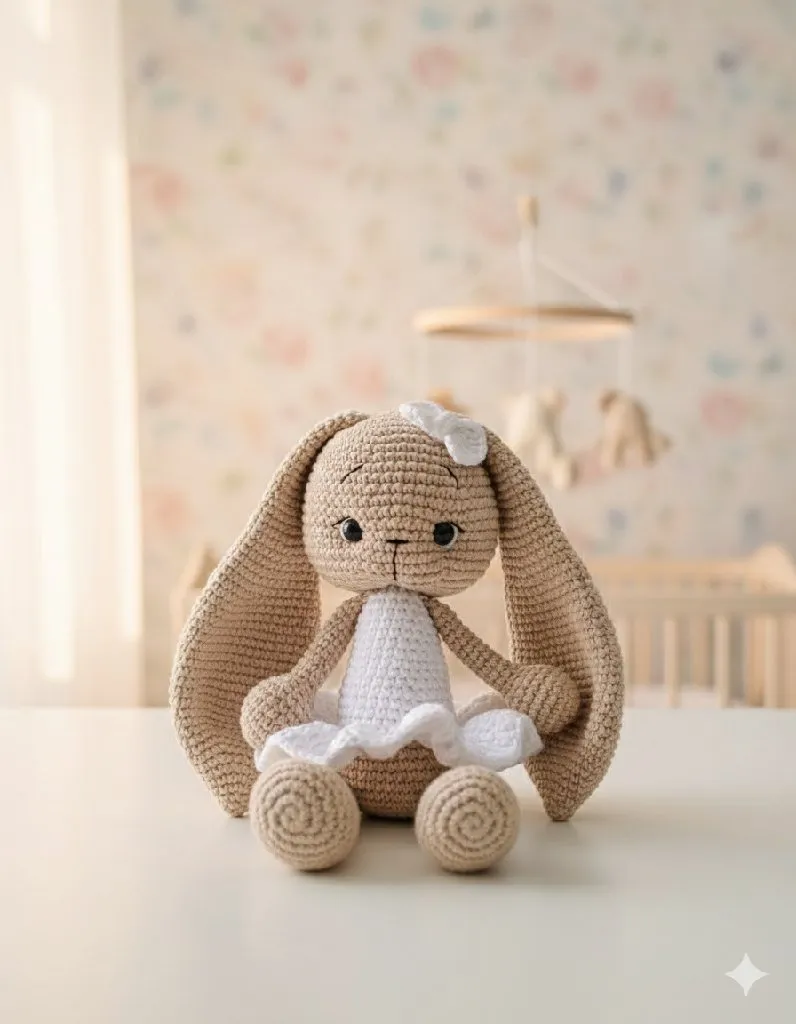 El Örgüsü Uzun Kulaklı Beyaz Elbiseli Tavşan