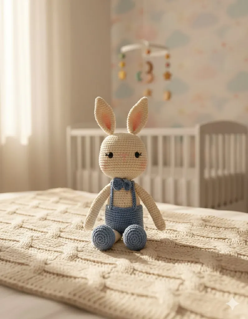 Mavi Tulumlu Örgü Erkek Bebek Tavşan Oyuncak - 25 cm