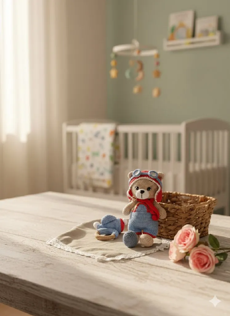 Örgü Pilot Ayıcık Oyuncak Seti - Uçak Çıngırak ve 25 cm Ayıcık