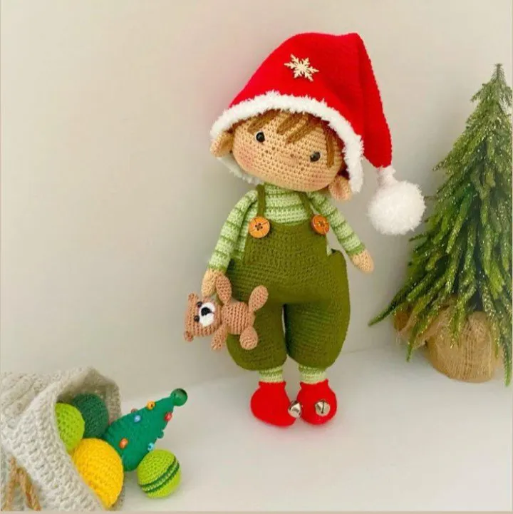 Örgü Noel Elf Bebek Oyuncak 25 cm - Pamuk İpinden El Yapımı