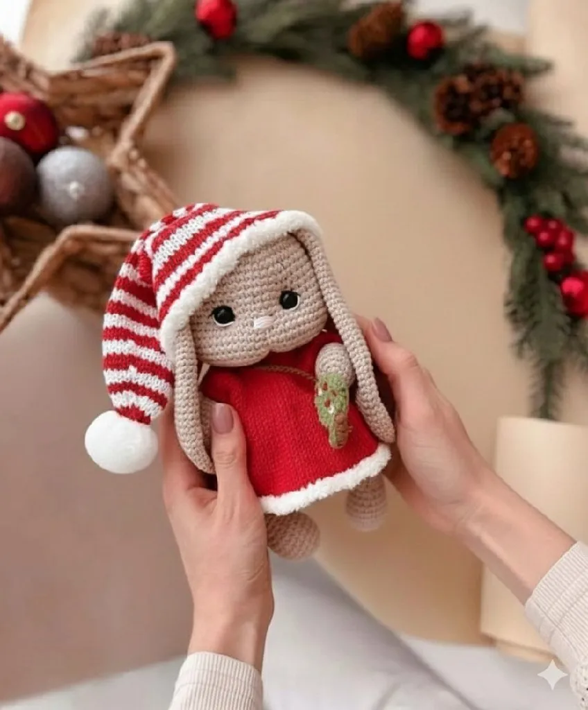 Örgü Tavşan Oyuncak - Yılbaşı Temalı, 25 cm Organik El Yapımı