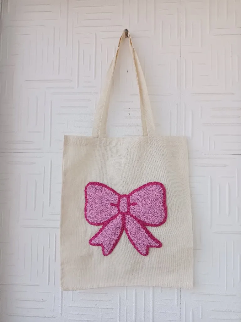 Krem Renkli Keten Bez Çanta - Pembe Fiyonk Nakışlı - El Emeği