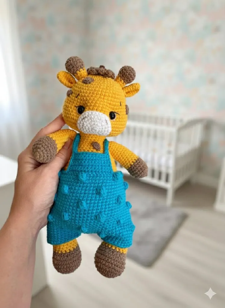 Örgü Zürafa Oyuncak - Mavi Tulumlu, 25 cm Boyunda - El Emeği