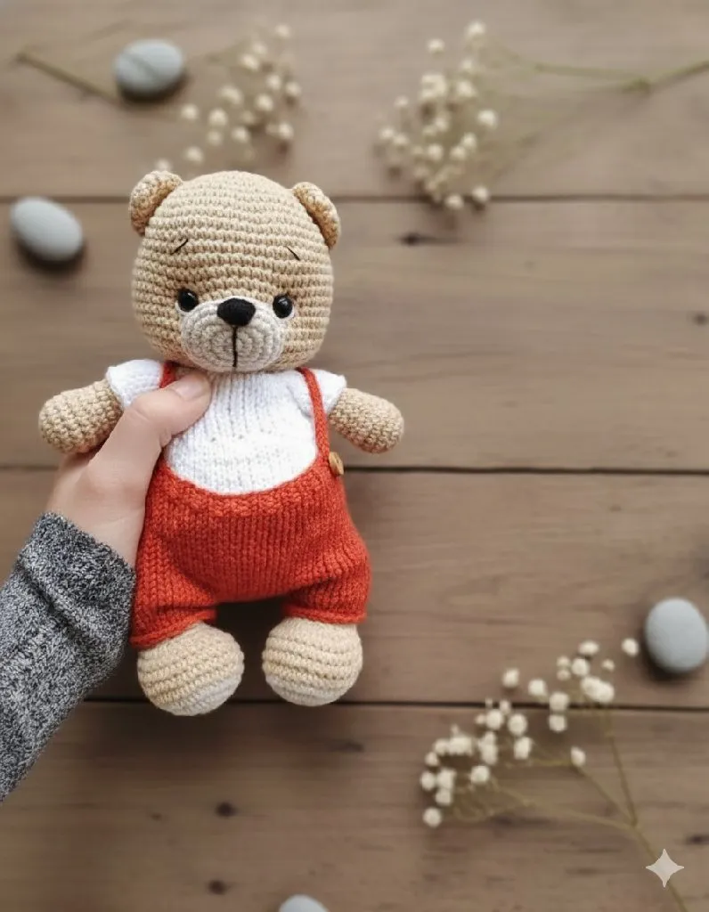 Örme Uyku Arkadaşı Ayıcık - Turuncu Tulumlu, 25 cm - El Emeği