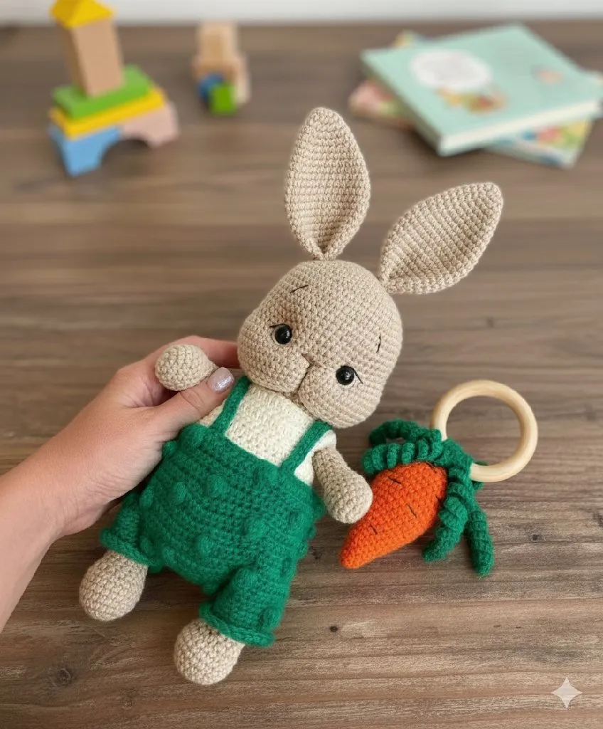 Örgü Tavşan Oyuncak ve Havuçlu Diş Kaşıyıcı Çıngırak Seti - El Emeği