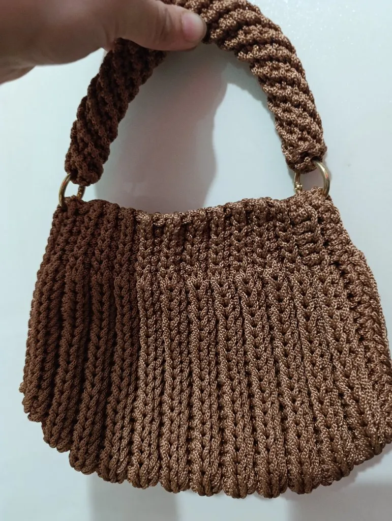 Kahverengi Polyester Makrome Midi Boy Askılı Çanta - El Örgüsü