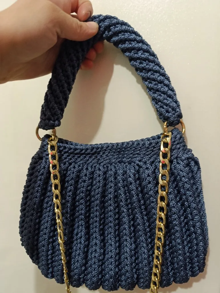 Mavi Polyester Makrome Örgü Midi Omuz Çantası - El Emeği