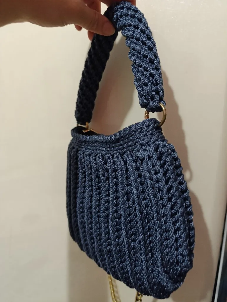 Mavi Polyester Makrome Örgü Midi Omuz Çantası - El Emeği