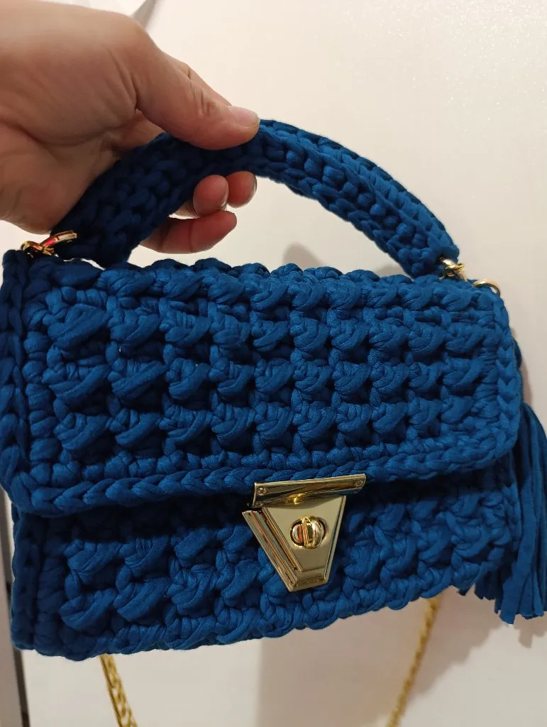 Mavi Penye İpten Kaz Ayağı Desenli Omuz Çantası - El Emeği