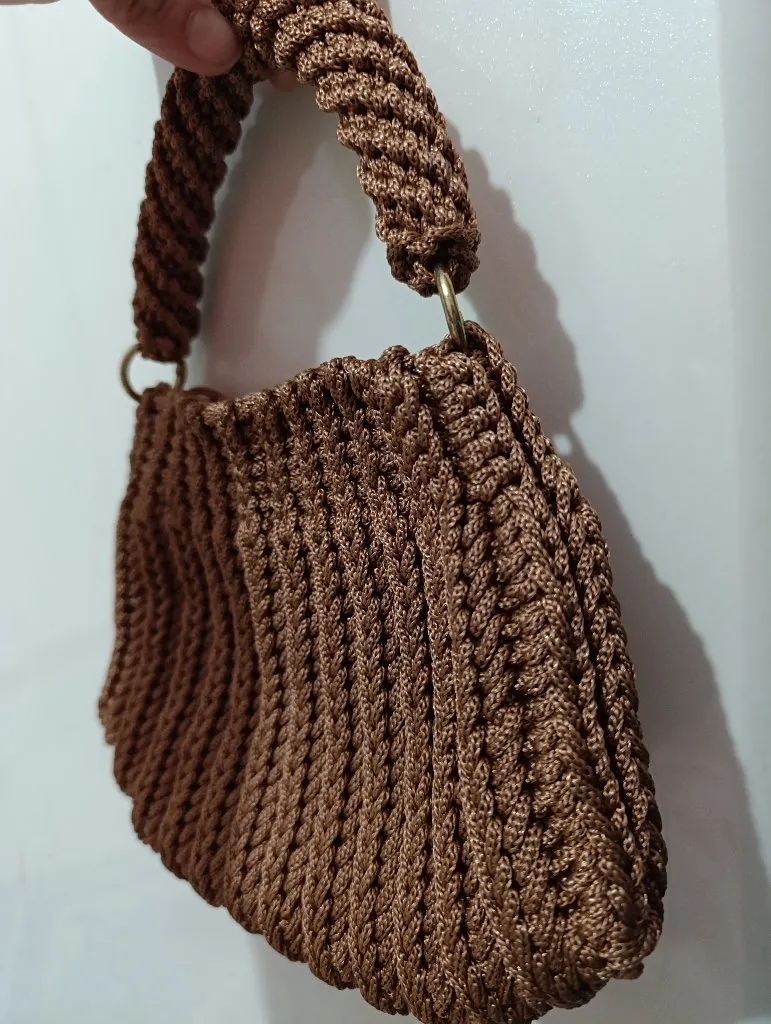 Kahverengi Polyester Makrome Midi Boy Askılı Çanta - El Örgüsü