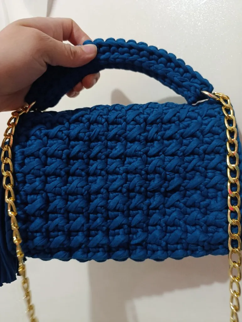 Mavi Penye İpten Kaz Ayağı Desenli Omuz Çantası - El Emeği