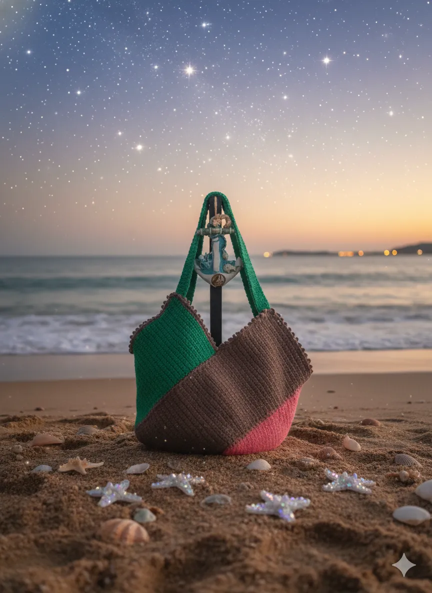 Renkli Örgü Kol Çantası - Kare Desenli Plaj Çantası - El Örgüsü