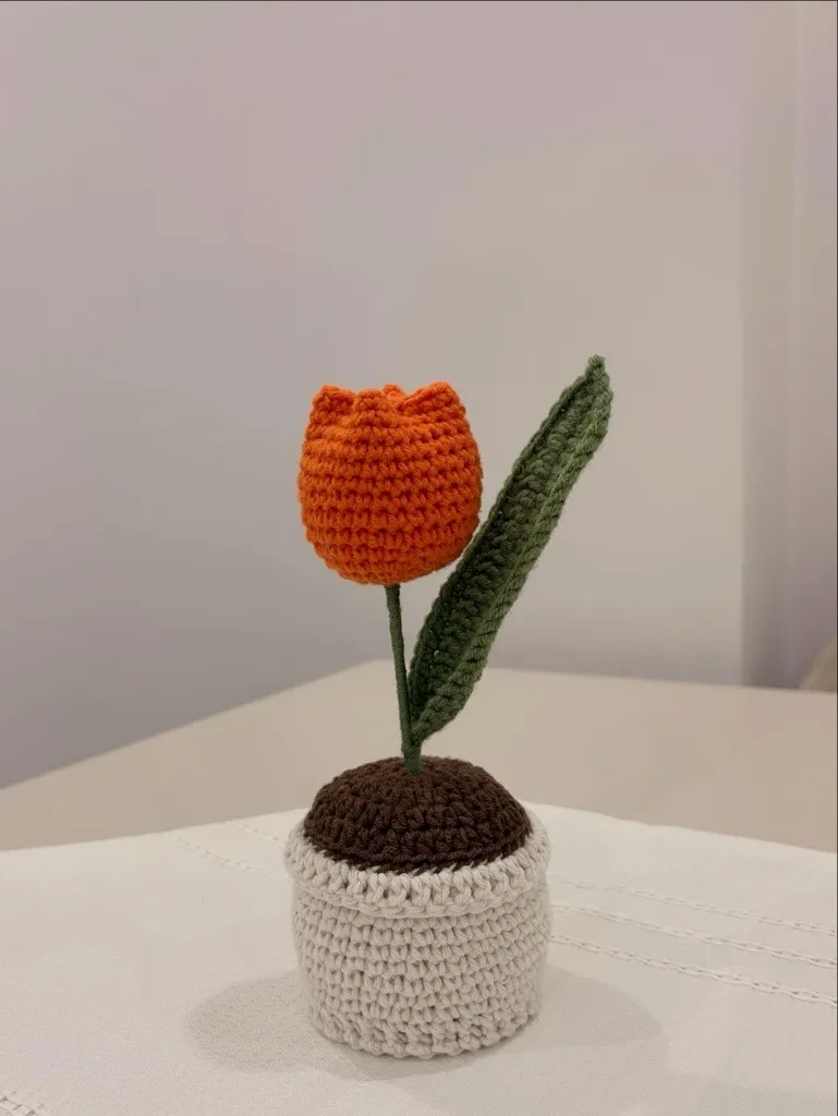 Turuncu Örgü Lale - Krem Saksıda Tekli Dekoratif Çiçek
