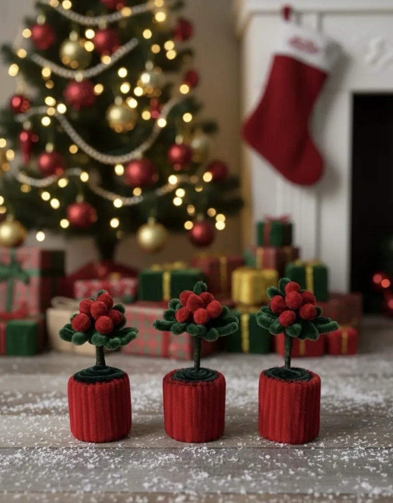 Kırmızı Şönil Saksıda Kokina Çiçeği Yılbaşı Dekoratif Set 3 Adet