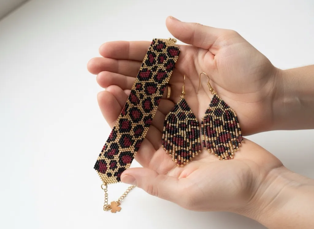 Leopar Desenli Miyuki Boncuk Küpe ve Bileklik Takı Seti - Çelik Aksamlı